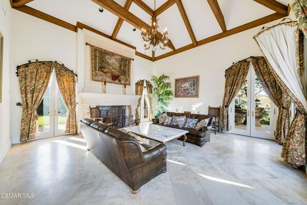 Chandelier, Fireplace, Interior, Living room, Wooden Beams
