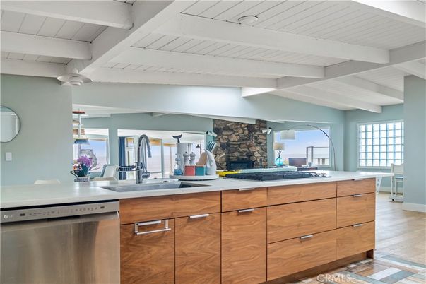 Fireplace, Interior, Kitchen, Stainless Steel Appliances, Stone Walls, Wood Texture Flooring
