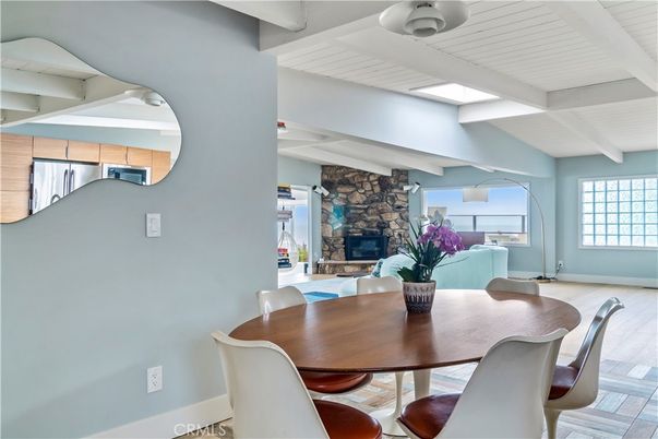 Dining room, Fireplace, Interior, Stone Walls, Wood Texture Flooring