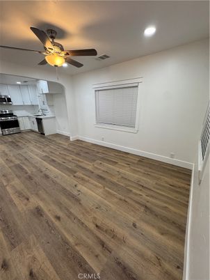 Empty room, Interior, Kitchen, Recessed Lighting, Wood Texture Flooring
