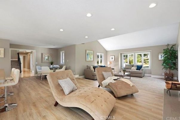 Dining room, Interior, Living room, Recessed Lighting, Wood Texture Flooring