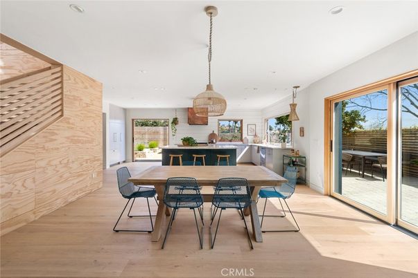 Dining room, Interior, Kitchen, Pendant Lights, Recessed Lighting, Wood Texture Flooring