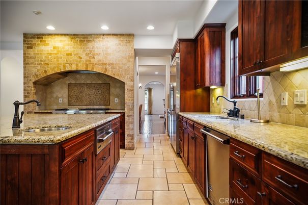 Interior, Kitchen, Recessed Lighting, Stainless Steel Appliances, Stone Walls
