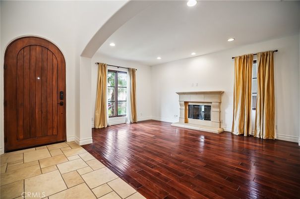Empty room, Fireplace, Interior, Recessed Lighting, Wood Texture Flooring