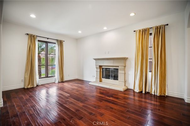 Empty room, Fireplace, Interior, Recessed Lighting, Wood Texture Flooring