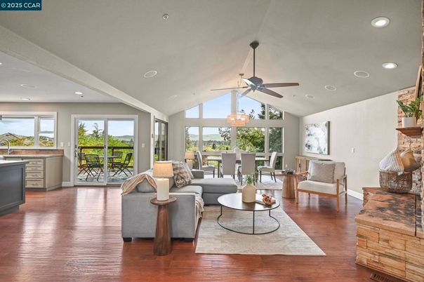 Dining room, Interior, Living room, Recessed Lighting, Wood Texture Flooring