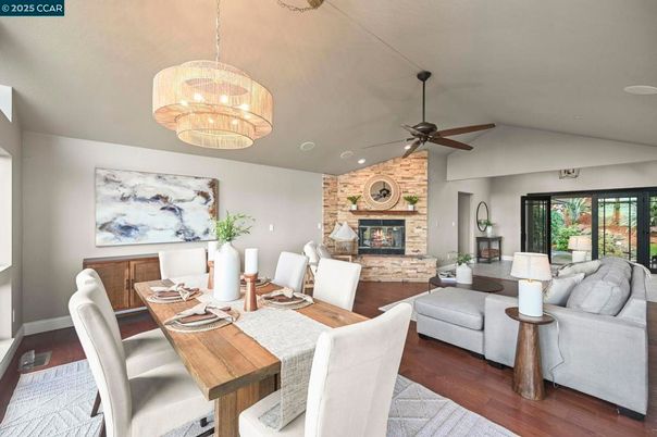 Dining room, Fireplace, Interior, Living room, Pendant Lights, Recessed Lighting, Stone Walls, Wood Texture Flooring