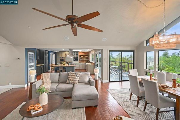 Dining room, Interior, Kitchen, Living room, Recessed Lighting, Stainless Steel Appliances, Wood Texture Flooring