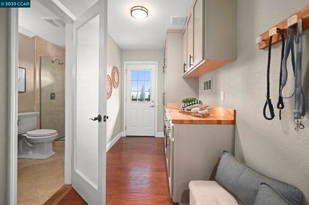 Bathroom, Glass Shower, Interior, Wood Texture Flooring