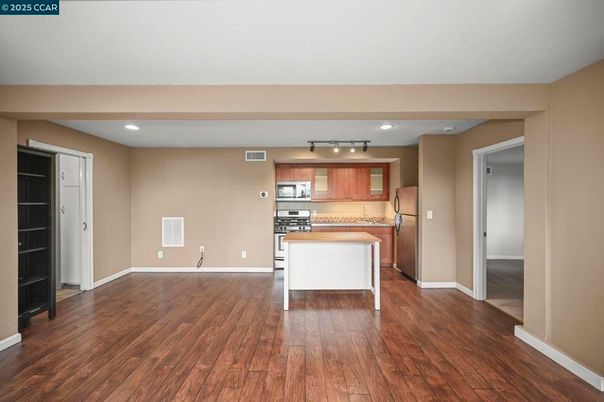 Interior, Kitchen, Recessed Lighting, Stainless Steel Appliances, Wood Texture Flooring