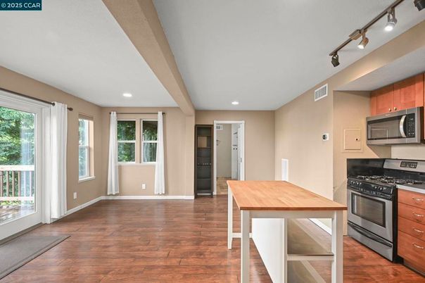 Interior, Kitchen, Recessed Lighting, Stainless Steel Appliances, Wood Texture Flooring