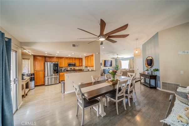 Dining room, Interior, Kitchen, Pendant Lights, Recessed Lighting, Stainless Steel Appliances, Wood Texture Flooring