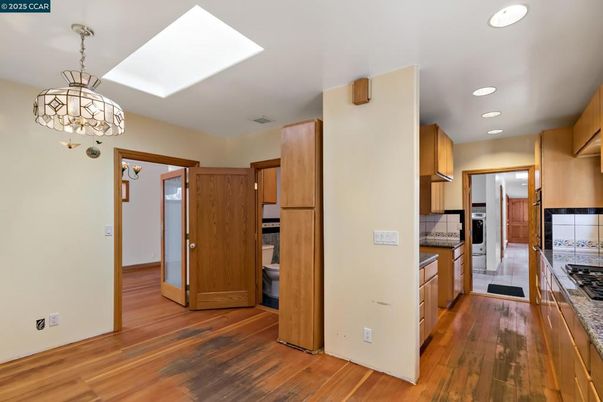 Chandelier, Interior, Kitchen, Recessed Lighting, Wood Texture Flooring