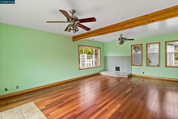 Empty room, Fireplace, Interior, Wooden Beams, Wood Texture Flooring
