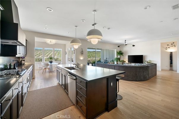 Dining room, Interior, Kitchen, Pendant Lights, Recessed Lighting, Wood Texture Flooring