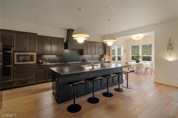 Dining room, Interior, Kitchen, Pendant Lights, Recessed Lighting, Wood Texture Flooring