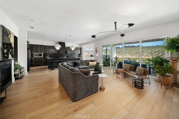 Fireplace, Interior, Kitchen, Living room, Pendant Lights, Recessed Lighting, Stainless Steel Appliances, Wood Texture Flooring