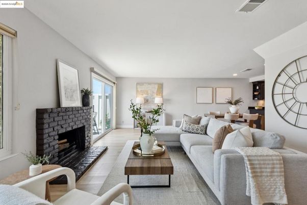 Dining room, Fireplace, Interior, Living room, Recessed Lighting, Wood Texture Flooring