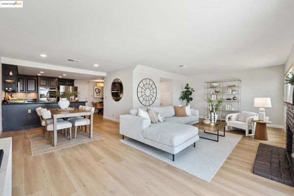 Dining room, Interior, Kitchen, Living room, Recessed Lighting, Stainless Steel Appliances, Wood Texture Flooring