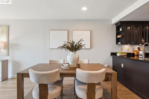 Dining room, Interior, Recessed Lighting, Wood Texture Flooring