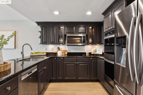 Interior, Kitchen, Recessed Lighting, Stainless Steel Appliances, Wood Texture Flooring