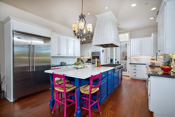 Chandelier, Interior, Kitchen, Pendant Lights, Recessed Lighting, Stainless Steel Appliances, Wood Texture Flooring