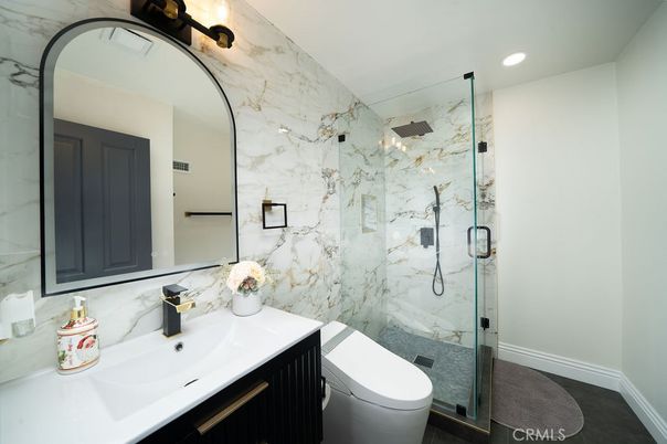 Bathroom, Glass Shower, Interior, Marble Walls, Recessed Lighting