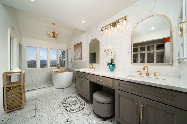 Bathroom, Chandelier, Dual Sink Vanities, Free Standing Baths, Interior, Marble, Recessed Lighting