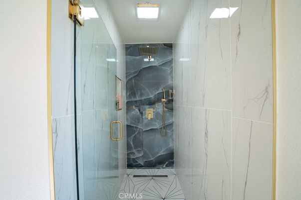 Bathroom, Glass Shower, Interior, Marble Walls, Recessed Lighting