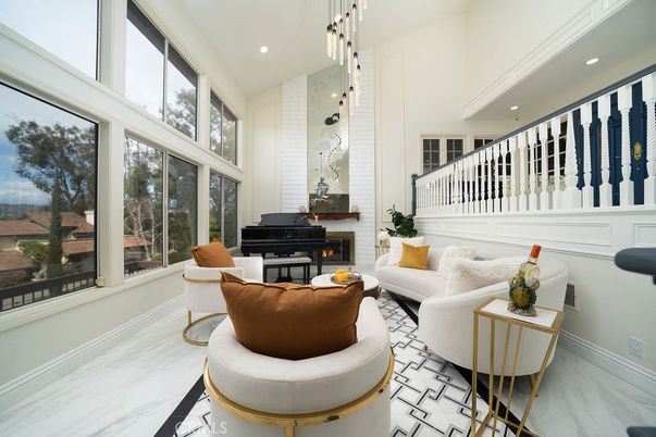 Fireplace, Interior, Living room, Marble, Pendant Lights, Piano, Recessed Lighting