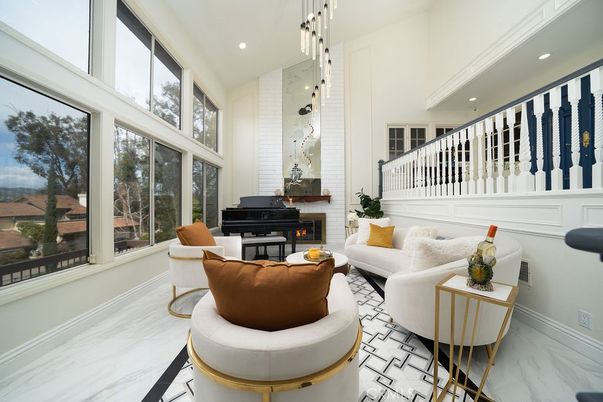 Fireplace, Interior, Living room, Marble, Pendant Lights, Piano, Recessed Lighting
