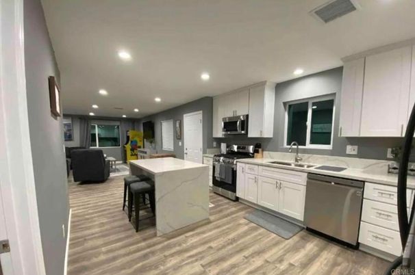 Interior, Kitchen, Living room, Recessed Lighting, Stainless Steel Appliances, Wood Texture Flooring