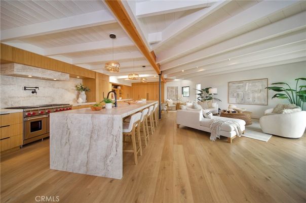 Chandelier, Interior, Kitchen, Living room, Pendant Lights, Stainless Steel Appliances, Wooden Beams, Wood Texture Flooring