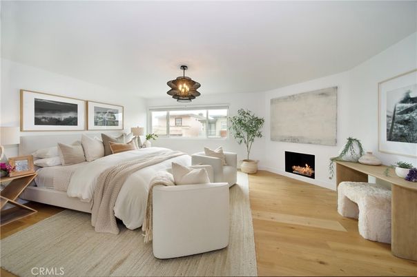 Bedroom, Fireplace, Interior, Pendant Lights, Wood Texture Flooring