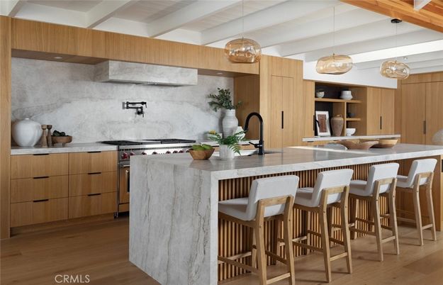 Interior, Kitchen, Marble Walls, Pendant Lights, Stainless Steel Appliances, Wood Texture Flooring