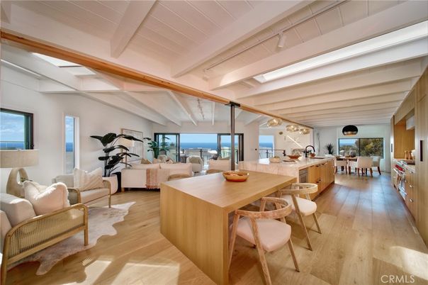 Dining room, Interior, Kitchen, Living room, Pendant Lights, Water, Wood Texture Flooring