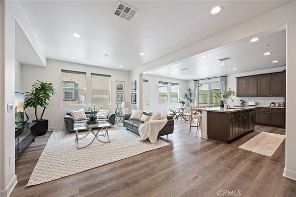 Dining room, Interior, Kitchen, Living room, Recessed Lighting, Wood Texture Flooring