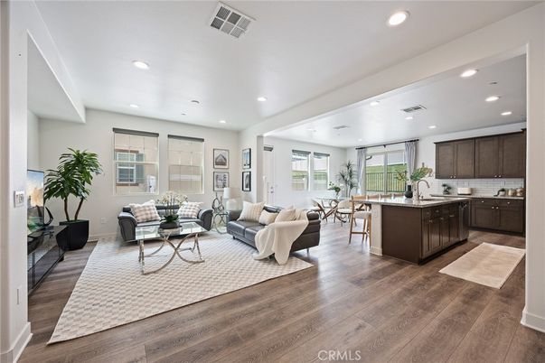 Dining room, Interior, Kitchen, Living room, Recessed Lighting, Wood Texture Flooring