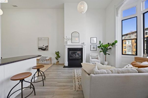 Fireplace, Interior, Living room, Pendant Lights, Wood Texture Flooring