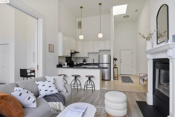Fireplace, Interior, Kitchen, Pendant Lights, Stainless Steel Appliances, Wood Texture Flooring