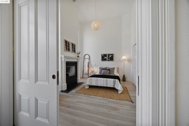 Bedroom, Fireplace, Interior, Pendant Lights, Wood Texture Flooring