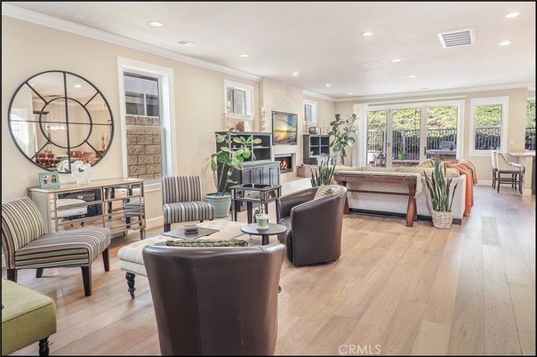Fireplace, Interior, Living room, Recessed Lighting, Wood Texture Flooring