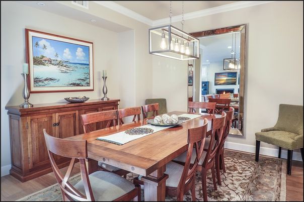 Dining room, Interior, Pendant Lights, Recessed Lighting, Wood Texture Flooring