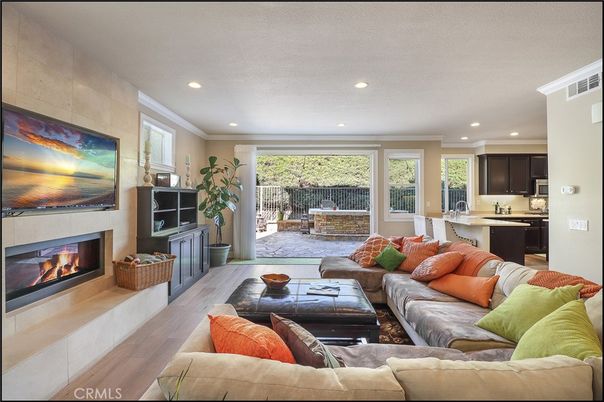 Fireplace, Interior, Kitchen, Living room, Recessed Lighting, Wood Texture Flooring