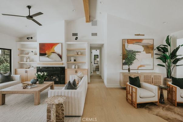 Fireplace, Interior, Living room, Recessed Lighting, Wooden Beams, Wood Texture Flooring