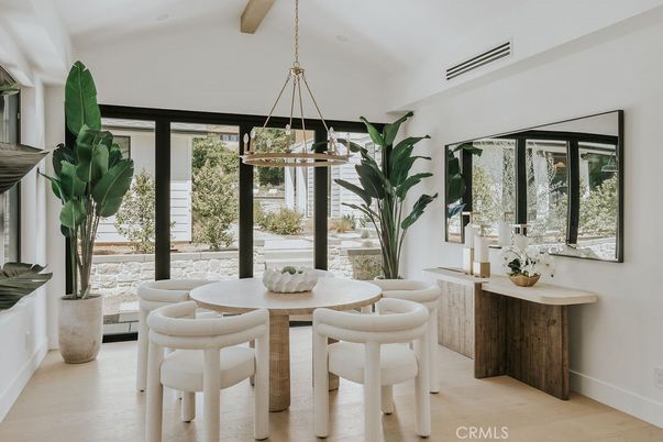 Dining room, Interior, Pendant Lights, Wooden Beams, Wood Texture Flooring