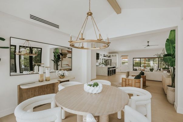 Chandelier, Dining room, Interior, Kitchen, Living room, Pendant Lights, Stainless Steel Appliances, Wooden Beams, Wood Texture Flooring