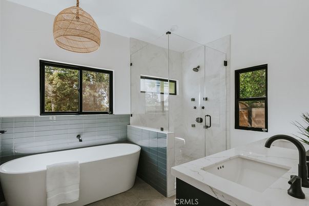 Bathroom, Free Standing Baths, Glass Shower, Interior, Marble Walls