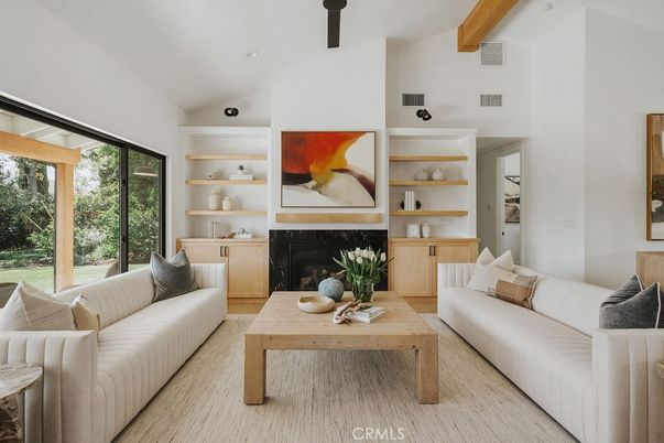 Fireplace, Interior, Living room, Recessed Lighting, Wooden Beams