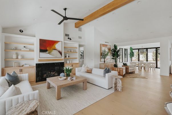 Dining room, Fireplace, Interior, Living room, Recessed Lighting, Wooden Beams, Wood Texture Flooring